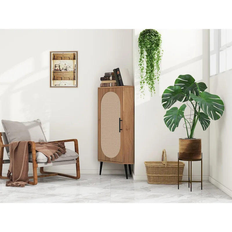 Meuble d'angle autoportant avec porte en rotin pour petits espaces