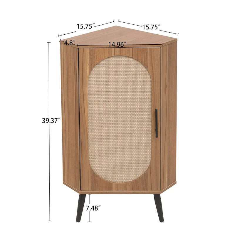 Meuble d'angle autoportant avec porte en rotin pour petits espaces