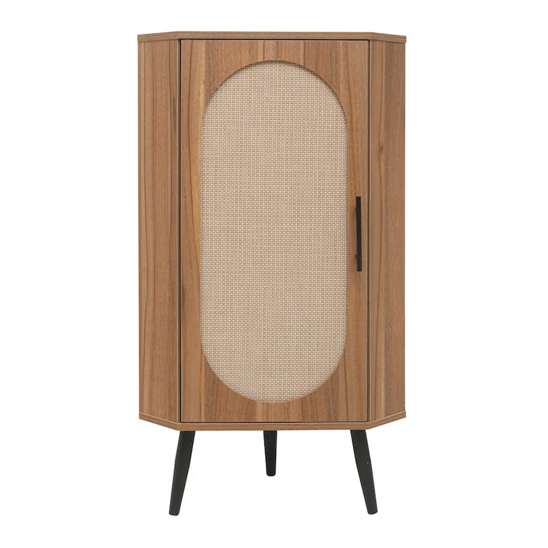 Meuble d'angle autoportant avec porte en rotin pour petits espaces