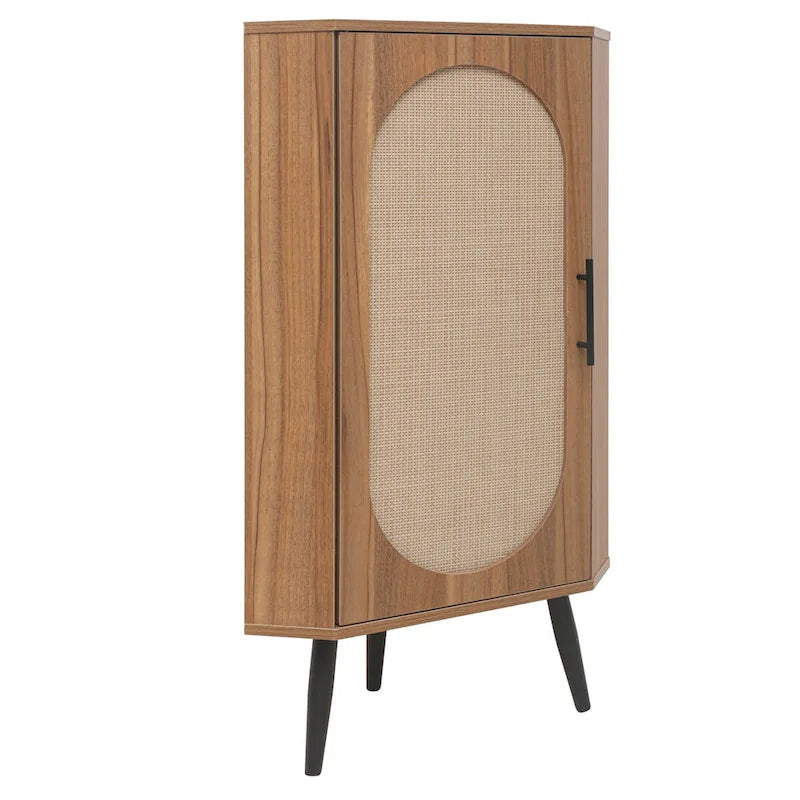 Meuble d'angle autoportant avec porte en rotin pour petits espaces