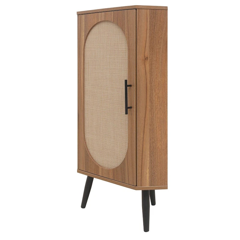 Meuble d'angle autoportant avec porte en rotin pour petits espaces