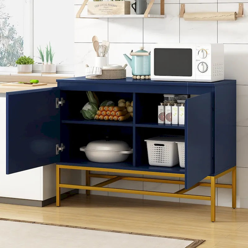 Buffet de Luxe Minimaliste avec Pieds en Métal Doré et Étagères Réglables