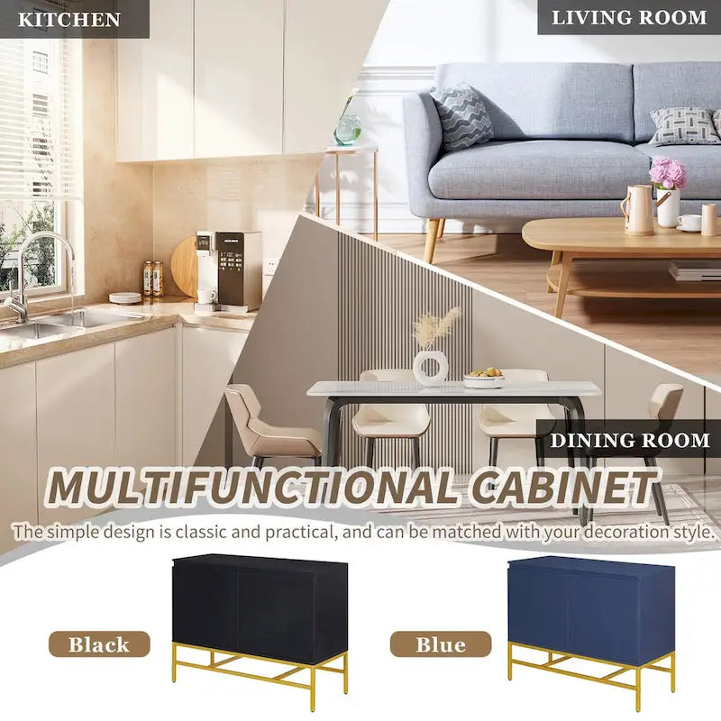 Buffet de Luxe Minimaliste avec Pieds en Métal Doré et Étagères Réglables