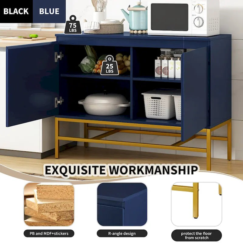 Buffet de Luxe Minimaliste avec Pieds en Métal Doré et Étagères Réglables