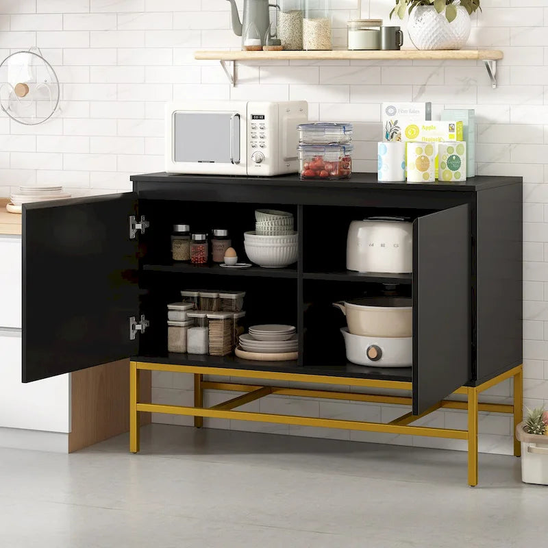 Buffet de Luxe Minimaliste avec Pieds en Métal Doré et Étagères Réglables