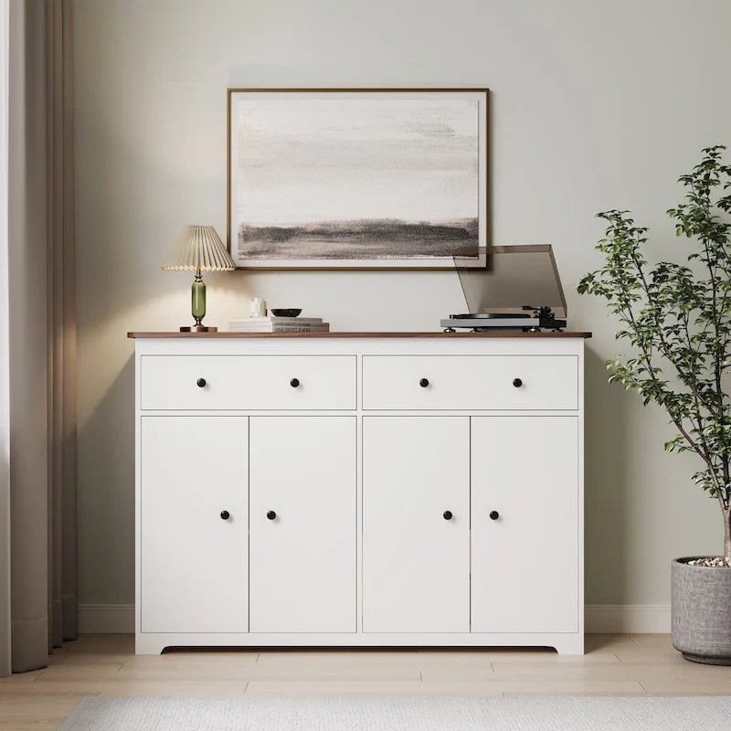 Bahut-buffet de rangement moderne avec 2 tiroirs et 4 portes, blanc