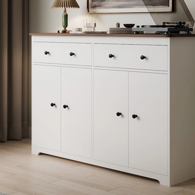 Bahut-buffet de rangement moderne avec 2 tiroirs et 4 portes, blanc