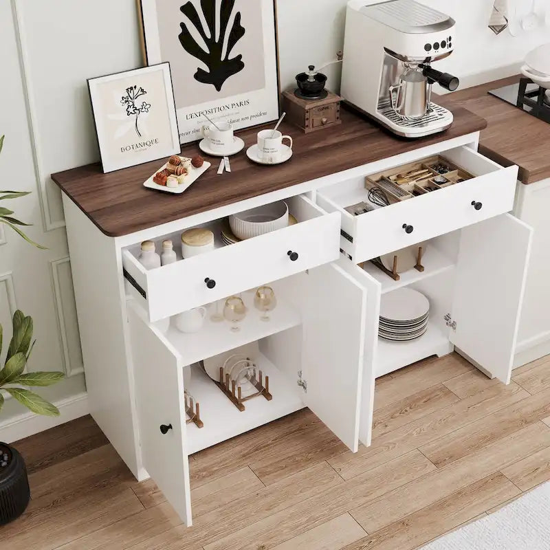 Bahut-buffet de rangement moderne avec 2 tiroirs et 4 portes, blanc