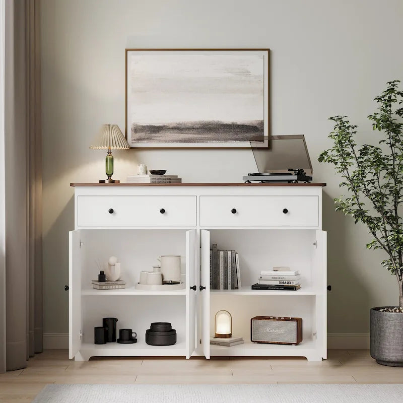 Bahut-buffet de rangement moderne avec 2 tiroirs et 4 portes, blanc