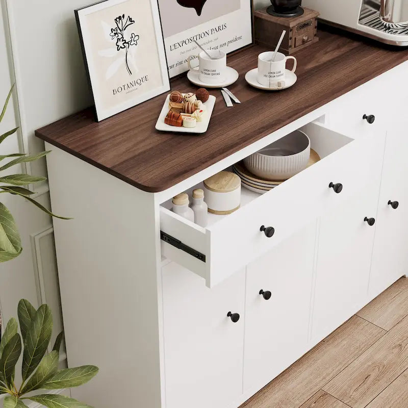 Bahut-buffet de rangement moderne avec 2 tiroirs et 4 portes, blanc