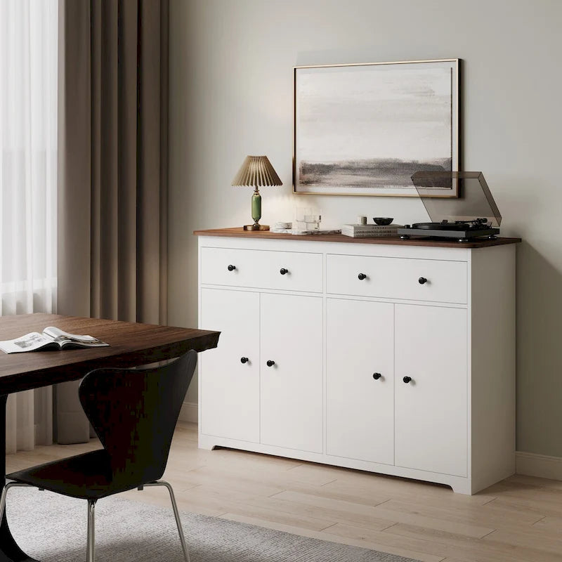 Bahut-buffet de rangement moderne avec 2 tiroirs et 4 portes, blanc