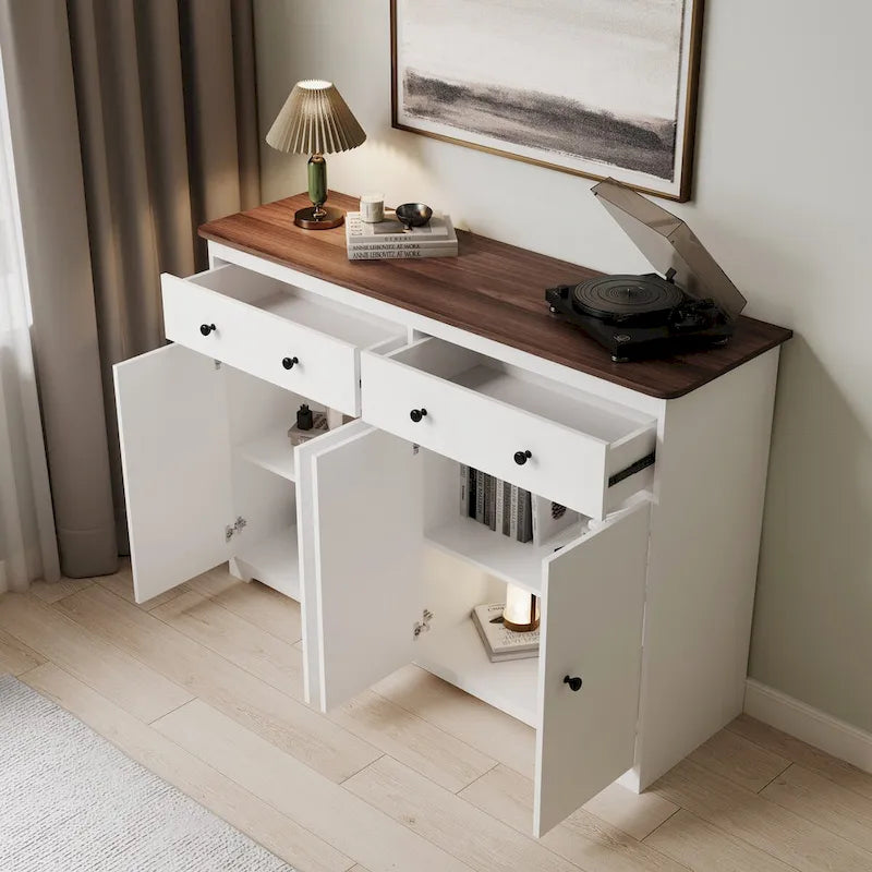 Bahut-buffet de rangement moderne avec 2 tiroirs et 4 portes, blanc