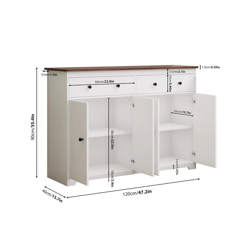 Bahut-buffet de rangement moderne avec 2 tiroirs et 4 portes, blanc