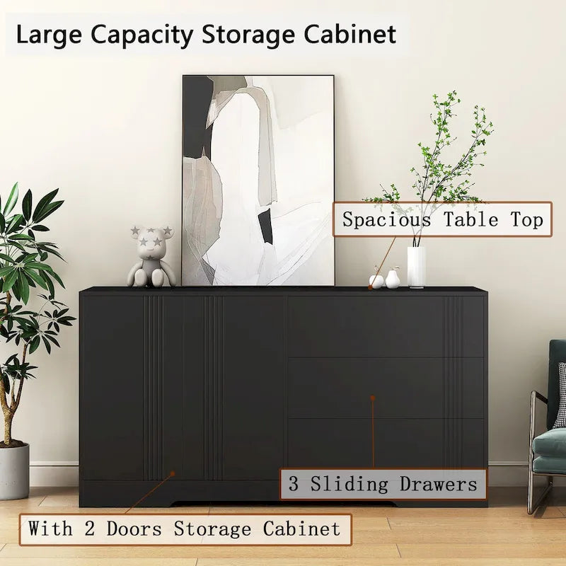 Buffet avec 3 tiroirs et 2 placards, Noir