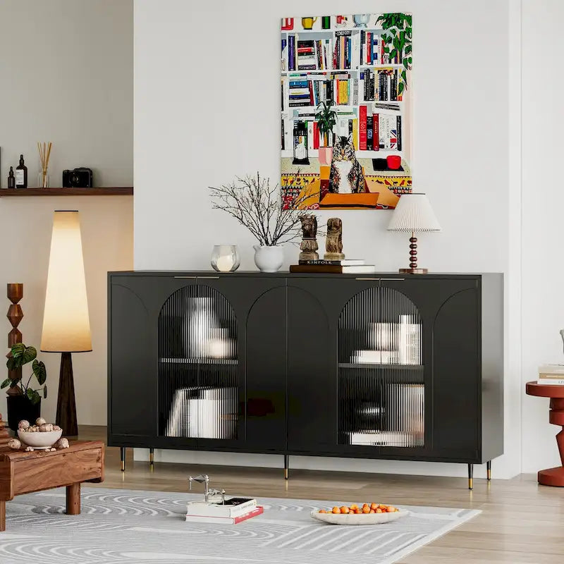 Buffet Laqué en Bois avec 4 Portes Vitrées, Enfilade