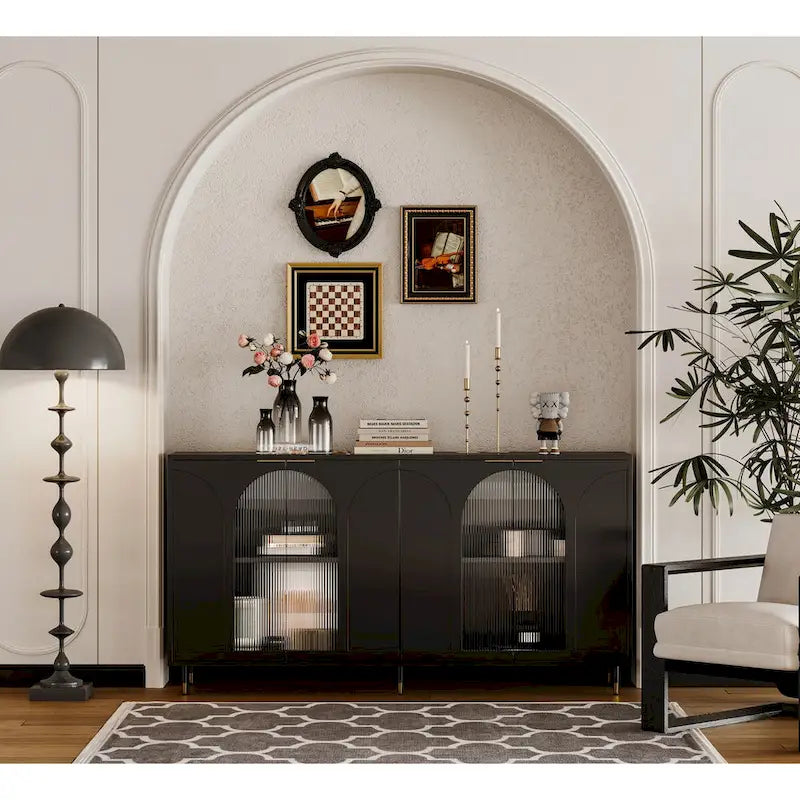 Buffet Laqué en Bois avec 4 Portes Vitrées, Enfilade