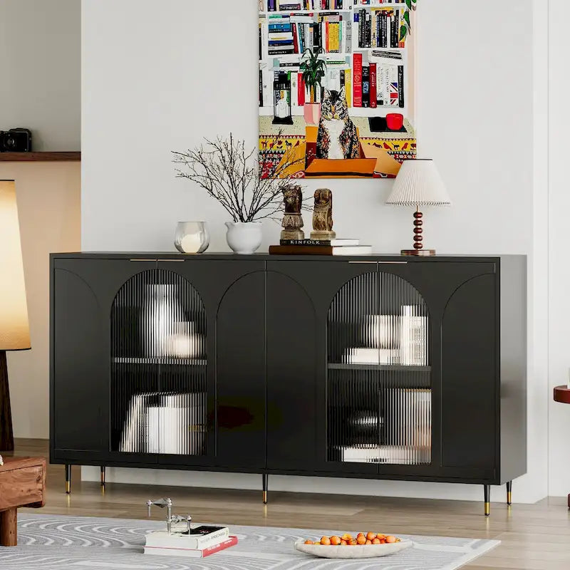 Buffet Laqué en Bois avec 4 Portes Vitrées, Enfilade