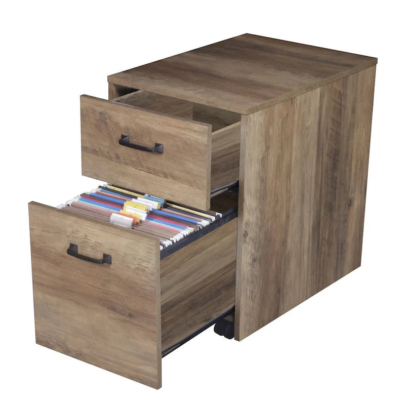 Meuble de rangement mobile en chêne rustique à deux tiroirs