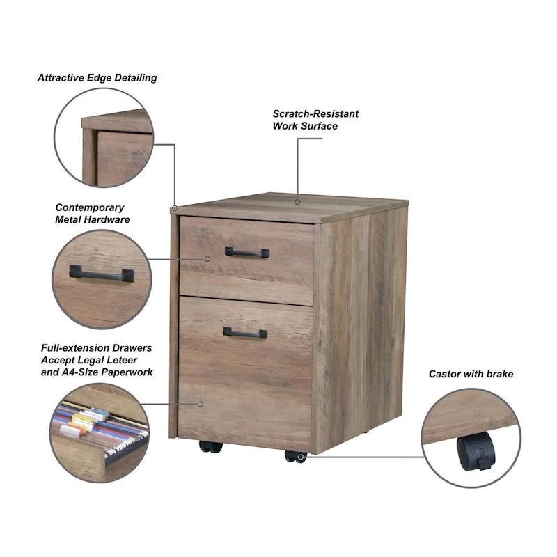 Meuble de rangement mobile en chêne rustique à deux tiroirs