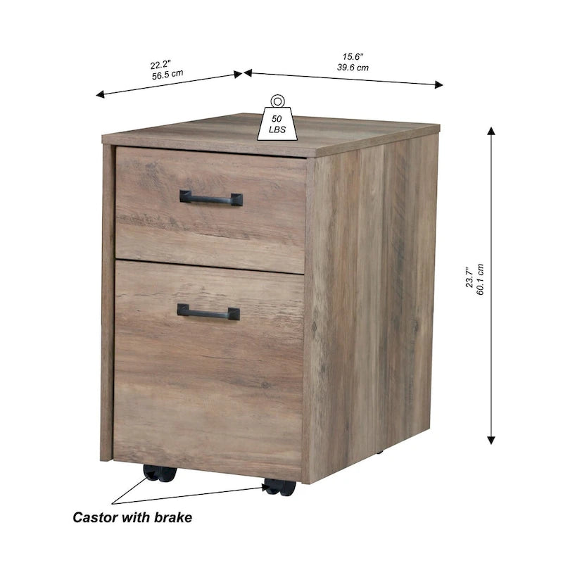 Meuble de rangement mobile en chêne rustique à deux tiroirs