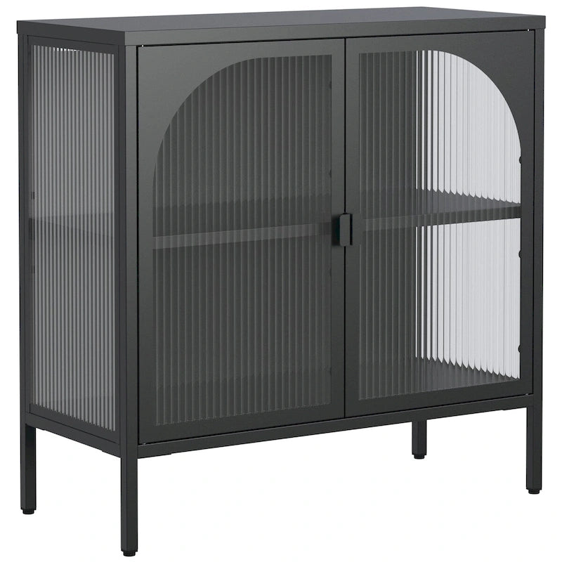 Meuble bahut en métal avec 2 portes vitrées et étagères réglables