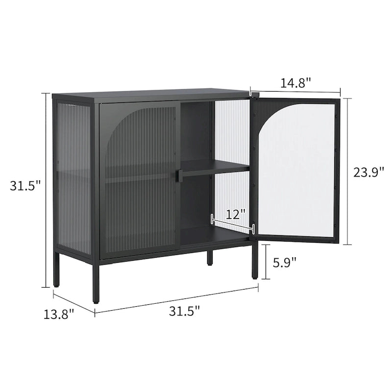 Meuble bahut en métal avec 2 portes vitrées et étagères réglables