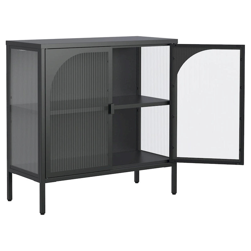 Meuble bahut en métal avec 2 portes vitrées et étagères réglables