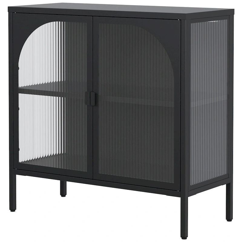 Meuble bahut en métal avec 2 portes vitrées et étagères réglables