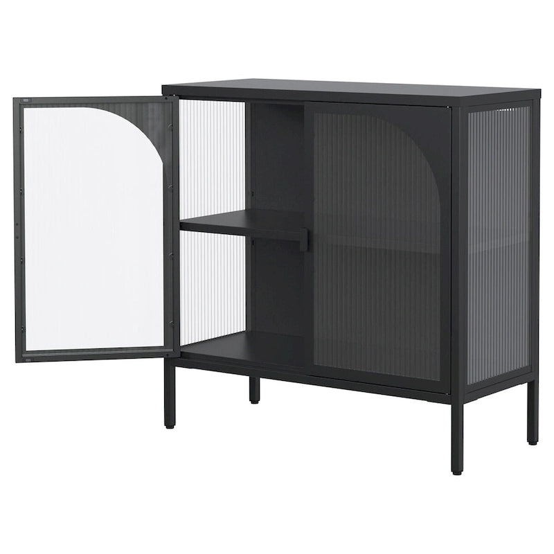 Meuble bahut en métal avec 2 portes vitrées et étagères réglables