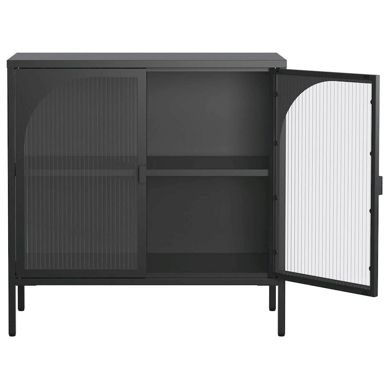 Meuble bahut en métal avec 2 portes vitrées et étagères réglables