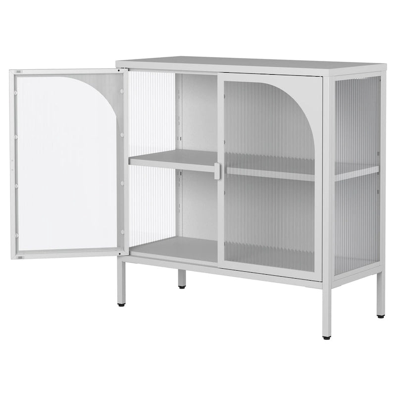 Meuble bahut en métal avec 2 portes vitrées et étagères réglables