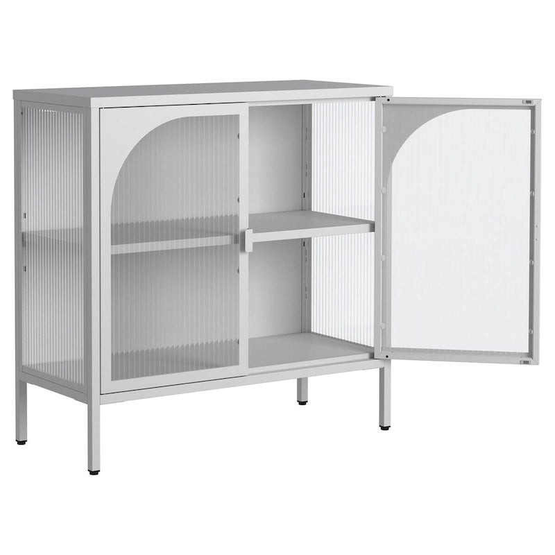 Meuble bahut en métal avec 2 portes vitrées et étagères réglables