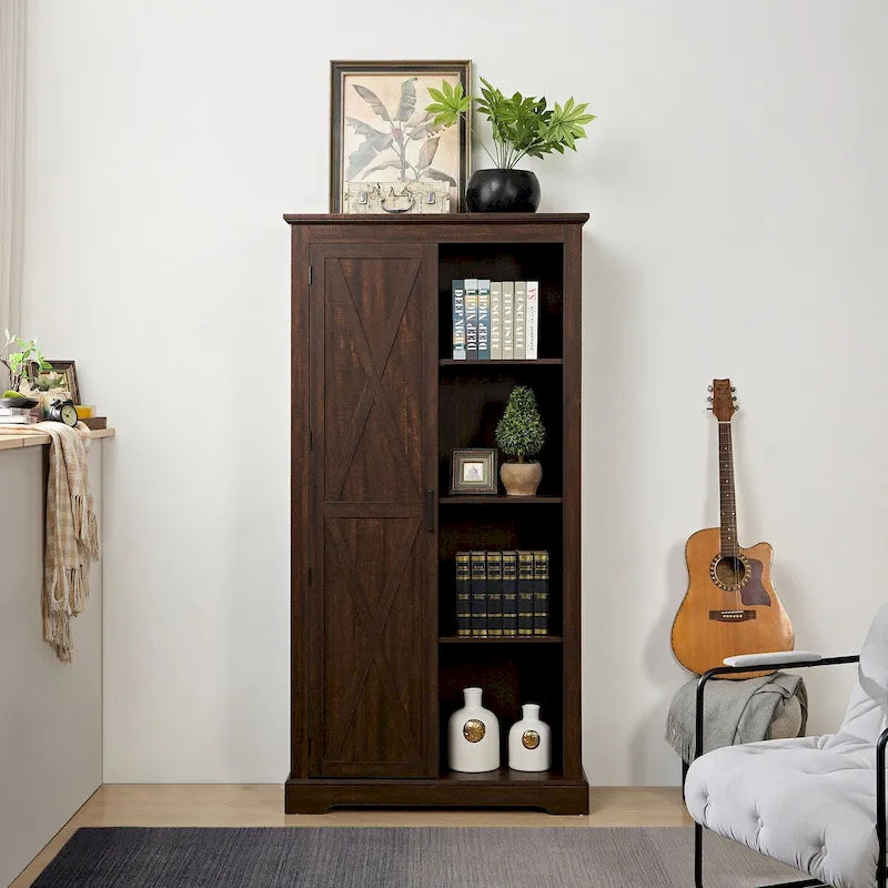 Armoire de rangement rustique avec portes coulissantes façon grange et étagères réglables
