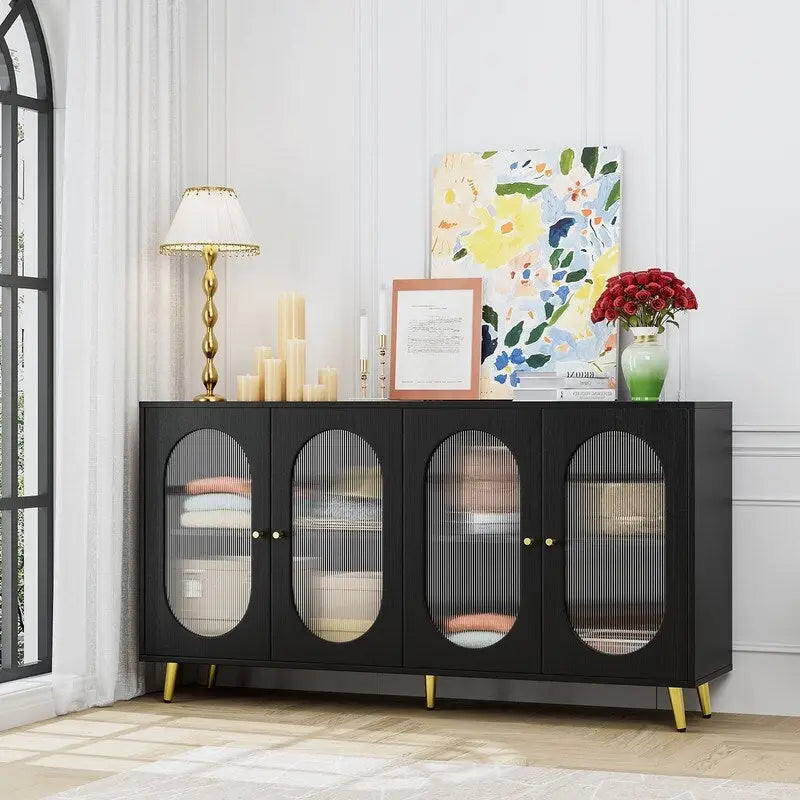 Bahut/buffet en bois moderne minimaliste avec 4 portes en acrylique et étagères réglables