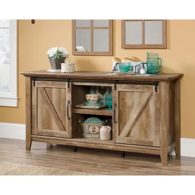 Buffet TV style Farmhouse moderne avec portes coulissantes façon grange