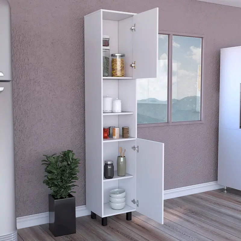 Meuble de garde-manger avec trois étagères intérieures, finition blanche
