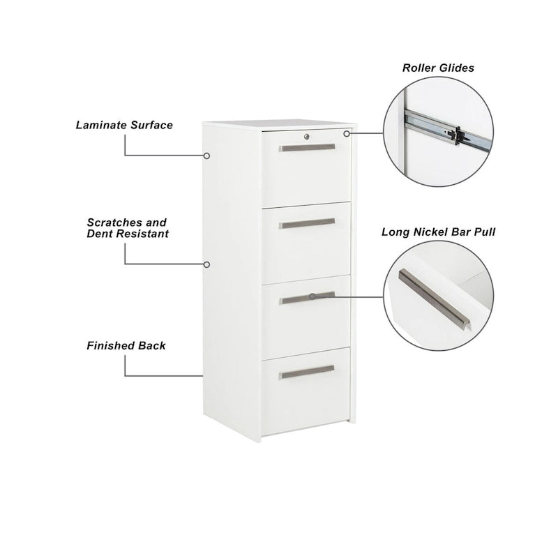 Classeur latéral vertical à 4 tiroirs en grain de bois blanc - 48,5 H x 18,5 L x 17,5 P