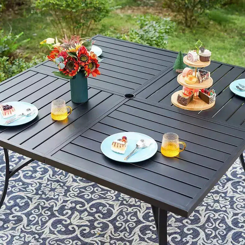 Captiva Designs 9pc Outdoor Slat-top Square Metal Dining Table and Sling Swivel Chairs