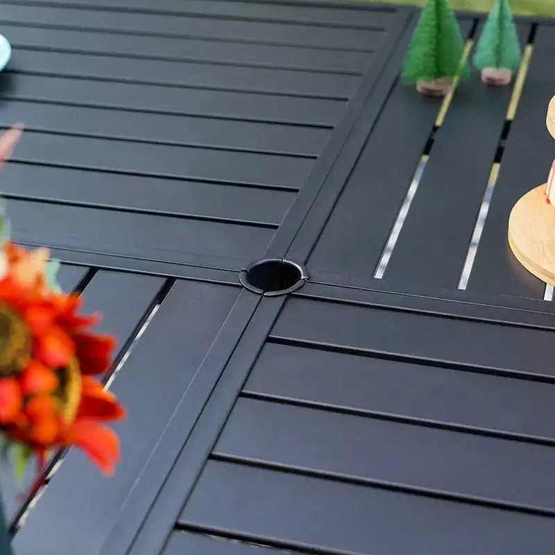 Captiva Designs 9pc Outdoor Slat-top Square Metal Dining Table and Sling Swivel Chairs
