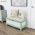 Banc coffre vieilli en bois vert écume avec coussin d'assise - L : 36 x l : 16,5 x H : 15