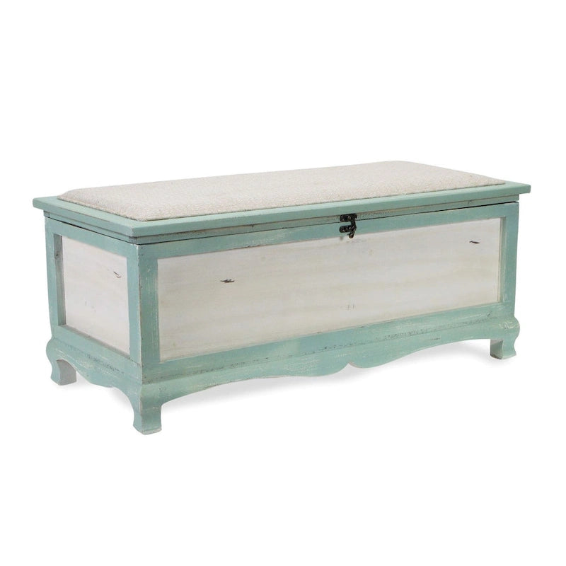 Banc coffre vieilli en bois vert écume avec coussin d'assise - L : 36 x l : 16,5 x H : 15