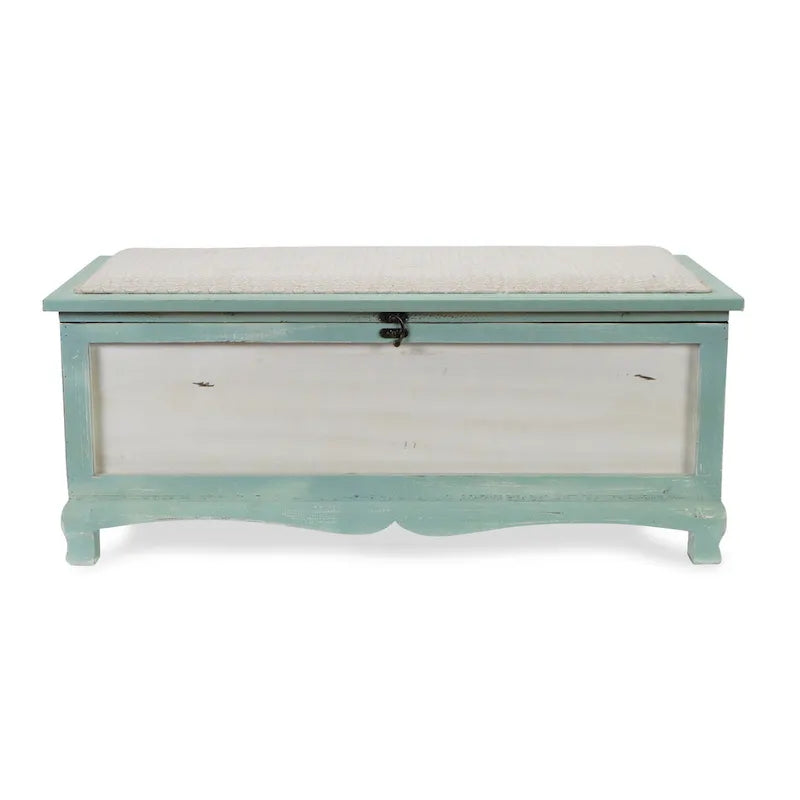 Banc coffre vieilli en bois vert écume avec coussin d'assise - L : 36 x l : 16,5 x H : 15