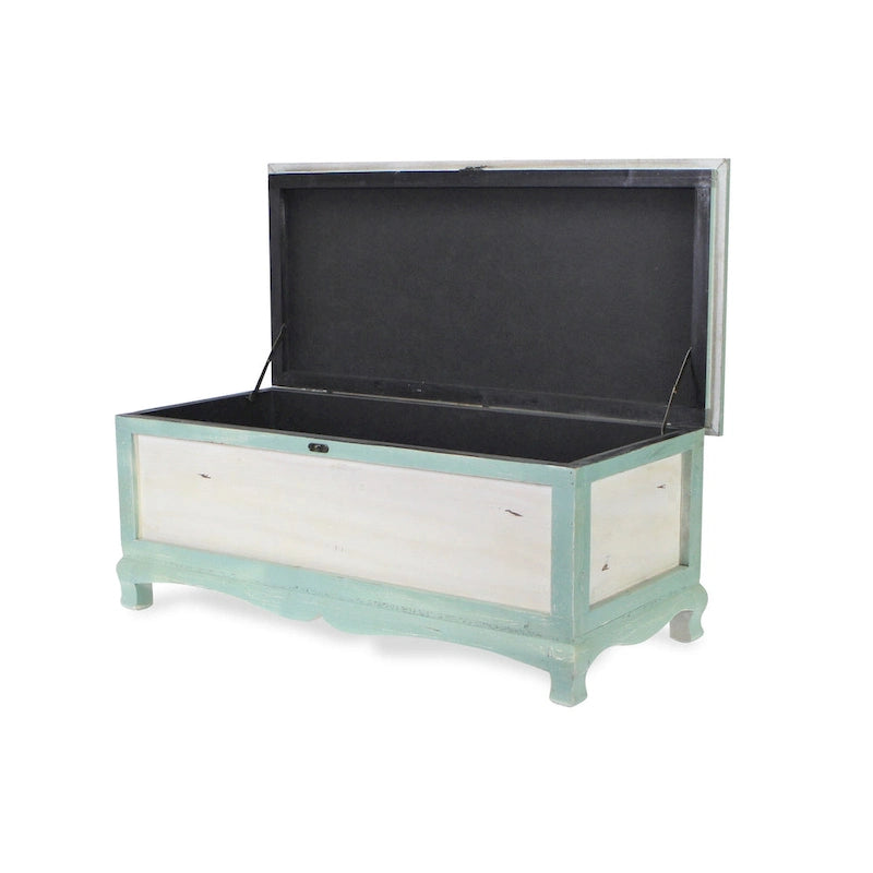Banc coffre vieilli en bois vert écume avec coussin d'assise - L : 36 x l : 16,5 x H : 15
