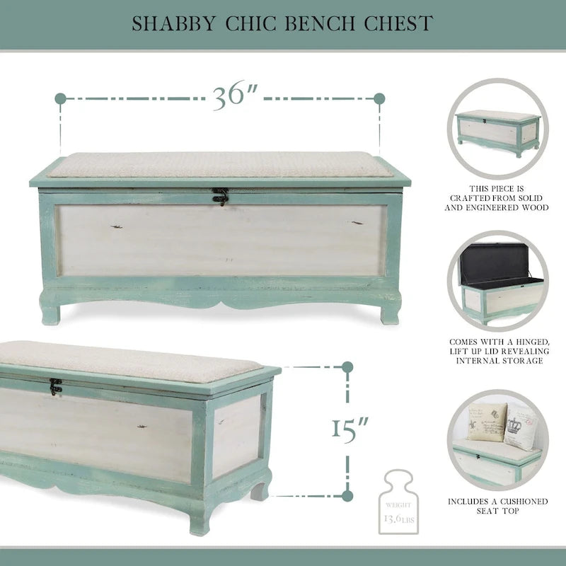 Banc coffre vieilli en bois vert écume avec coussin d'assise - L : 36 x l : 16,5 x H : 15