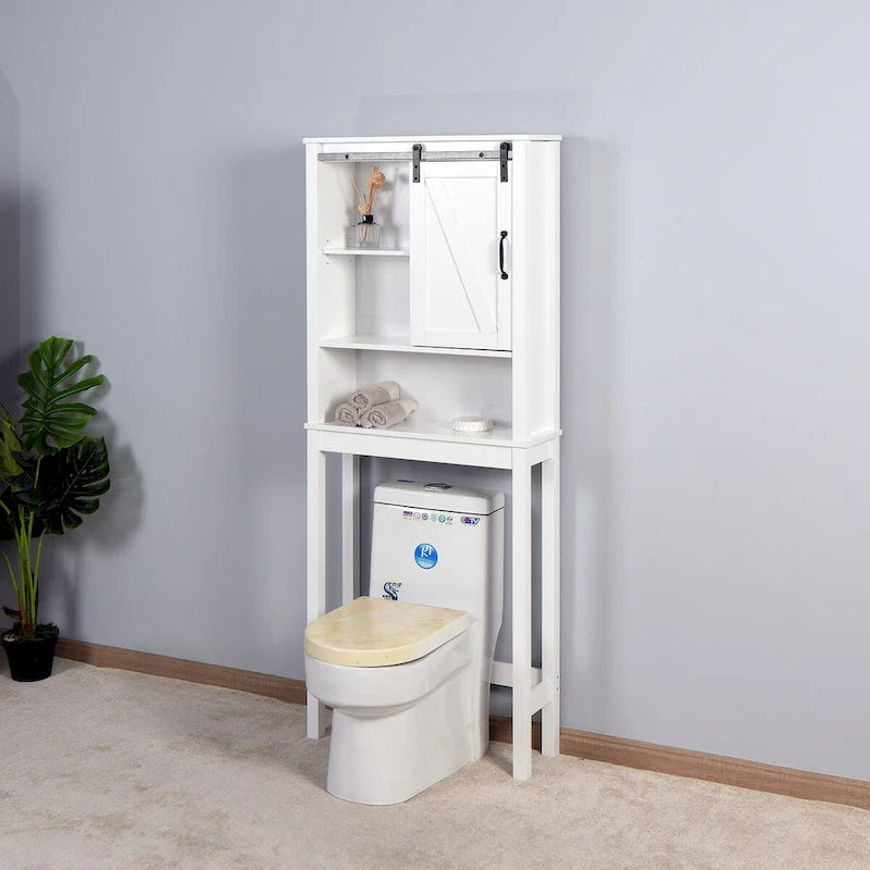 Meuble de rangement de salle de bain blanc en bois au-dessus des toilettes avec étagères réglables