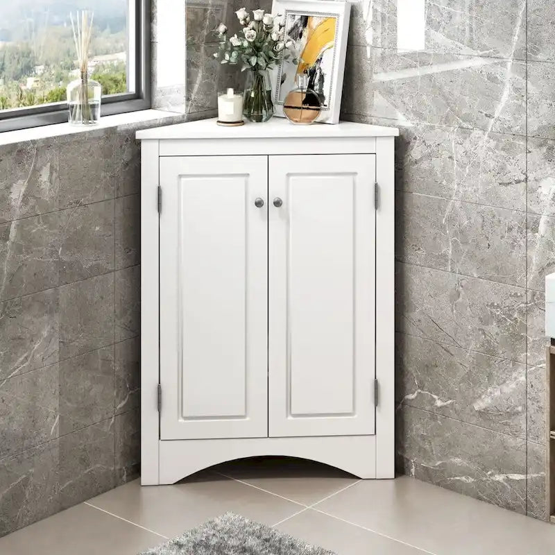 Meuble d'angle triangulaire blanc avec étagères réglables
