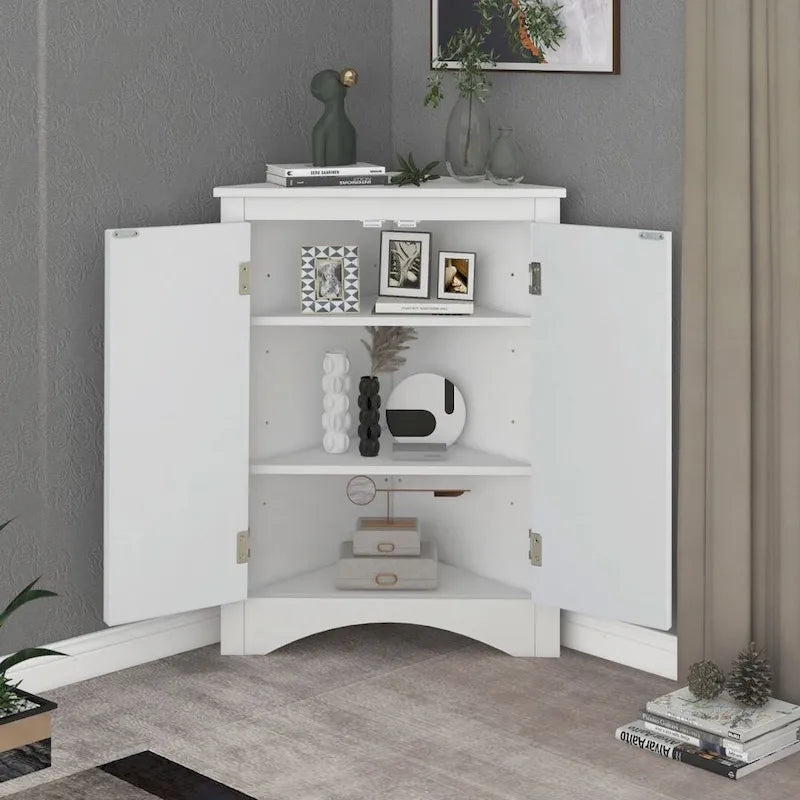 Meuble d'angle triangulaire blanc avec étagères réglables