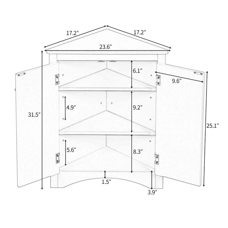 Meuble d'angle triangulaire blanc avec étagères réglables