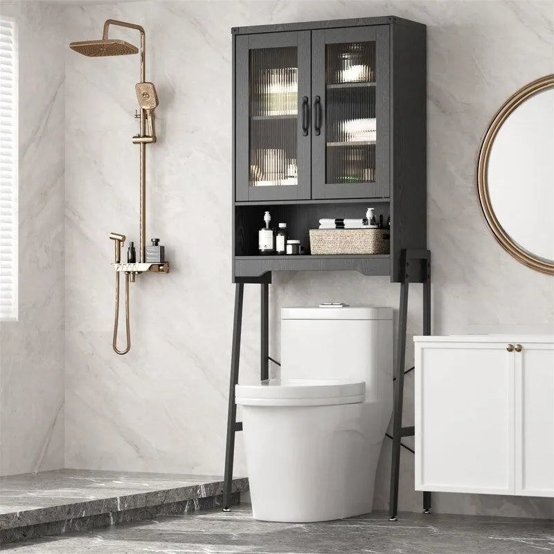 Meuble de rangement pour toilettes avec portes en verre trempé - 9,4 P x 23,6 L x 66,5 H