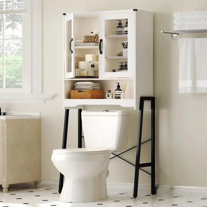 Over-the-Toilet Storage Cabinet with Tempered Glass Doors - 9.4 D x 23.6 W x 66.5 H